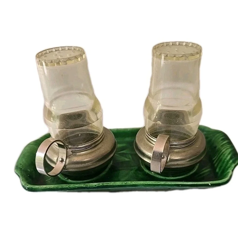 Vtg Japan Salt & Pepper Shakers Oil Lamp Metal Plastic Platform Hurricane MCM 3